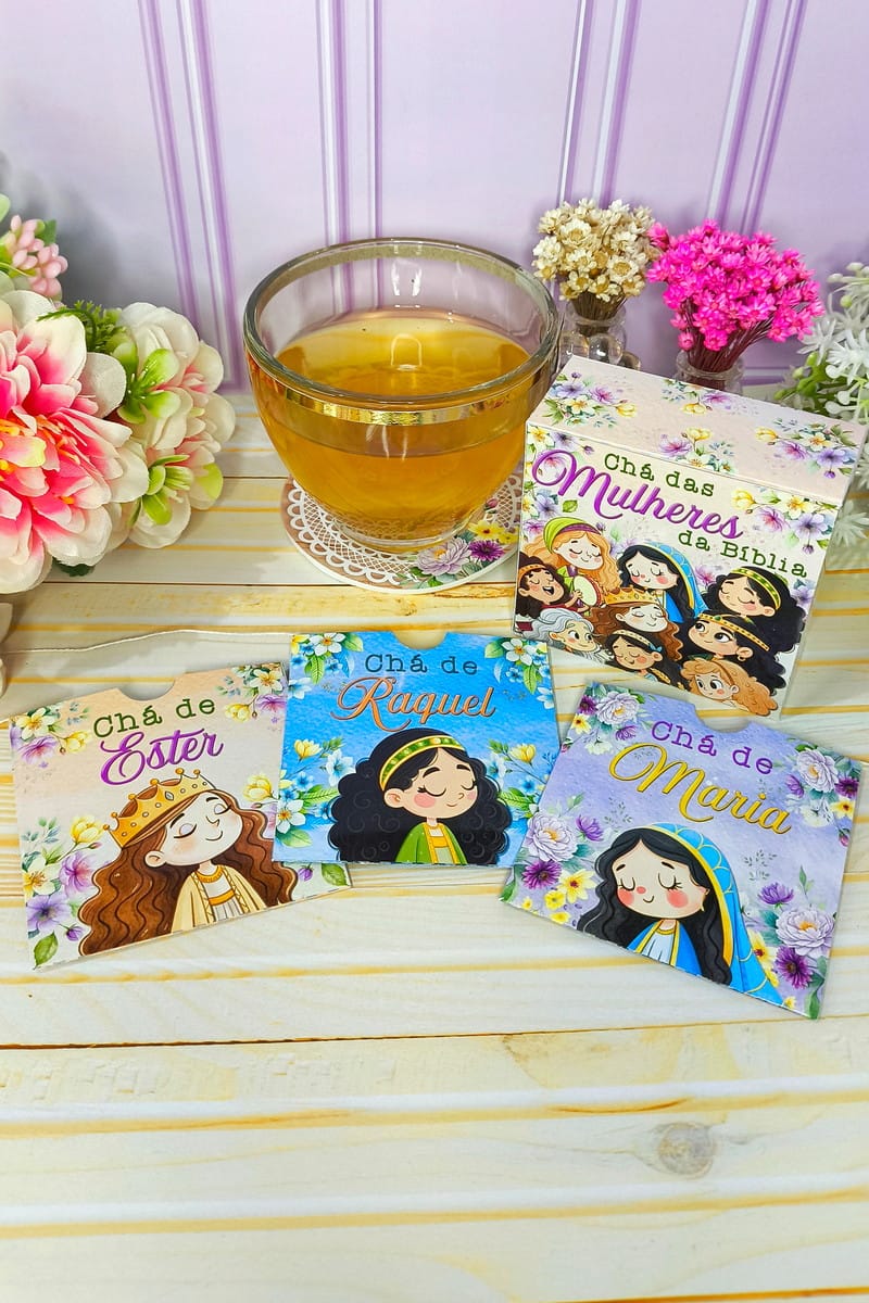 Kit Digital Lembrancinhas Fé Feminina para Sublimação 1 Arte digital com ilustrações de figuras femininas e florais, em cenário acolhedor.