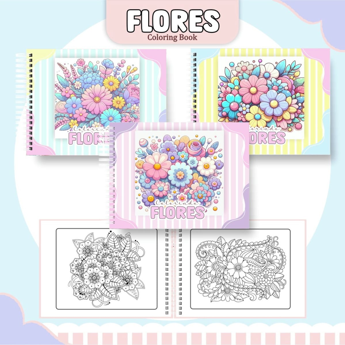 Kit Digital Livro de Colorir Flores Arquivo PDF e PNG 1 Arte digital de livros de colorir com capas de flores coloridas e páginas para imprimir.