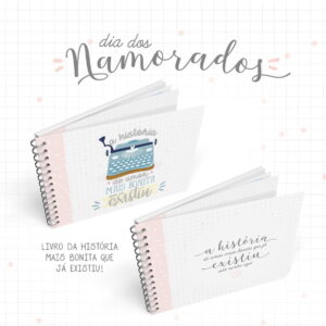Dois cadernos espiralados com capas românticas e textos em português sobre fundo quadriculado.