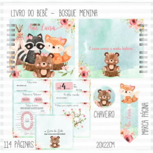 Apresentação visual de artes digitais para livro de bebê com tema de bosque feminino.