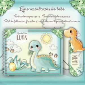 Arte digital de um livro de recordações do bebê com dinossauros e plantas.