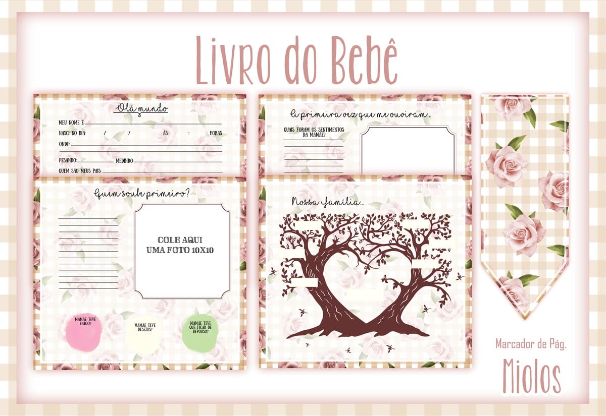 Kit digital Livro do Bebê Floral com 96 páginas 2 Layout digital de livro do bebê com fundo xadrez e rosas cor-de-rosa. Várias seções de preenchimento visíveis.