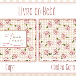 Arte digital de capas de livro de bebê, com fundo xadrez e rosas cor-de-rosa.