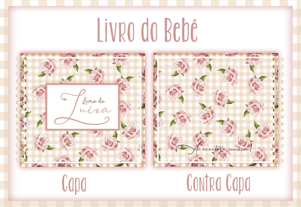 Kit digital Livro do Bebê Floral com 96 páginas 1 Arte digital de capas de livro de bebê, com fundo xadrez e rosas cor-de-rosa.