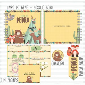 Capa e páginas internas de livro do bebê com tema de bosque boho.
