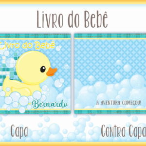 Arte digital de capa e contracapa de Livro do Bebê com patinho e bolhas.