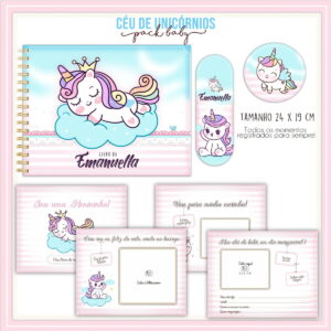 Apresentação visual de itens de papelaria personalizados com tema de unicórnio em tons pastel.