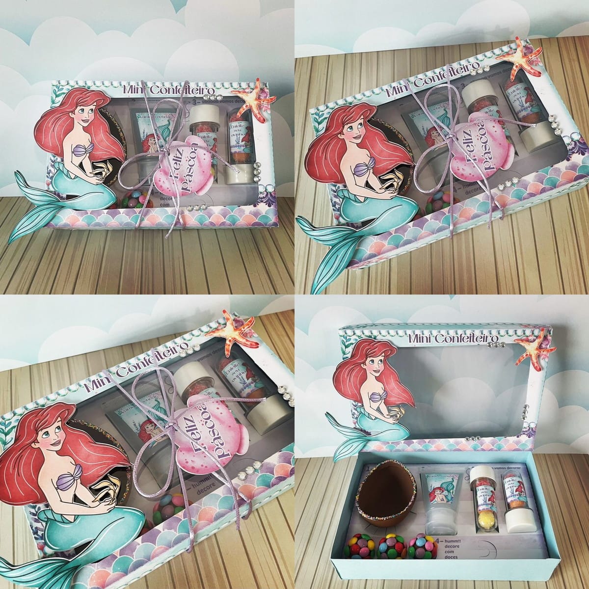 Kit Digital Mini Confeiteiro Ariel em PDF e Studio 2 Caixa decorada com tema de sereia, contendo doces e confeitos coloridos.