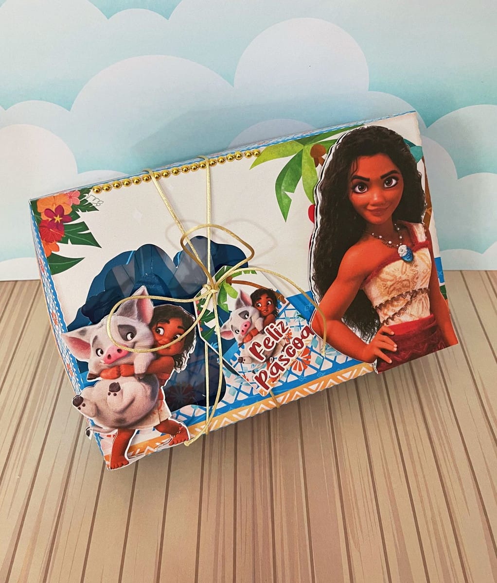 Kit Digital Moana Caixa Mini Confeiteiro para Lembrancinha 4 Arte digital de caixa de Páscoa com personagens animados e tema tropical.