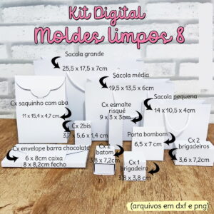Kit digital com moldes limpos para sacolas e caixas de diferentes tamanhos.
