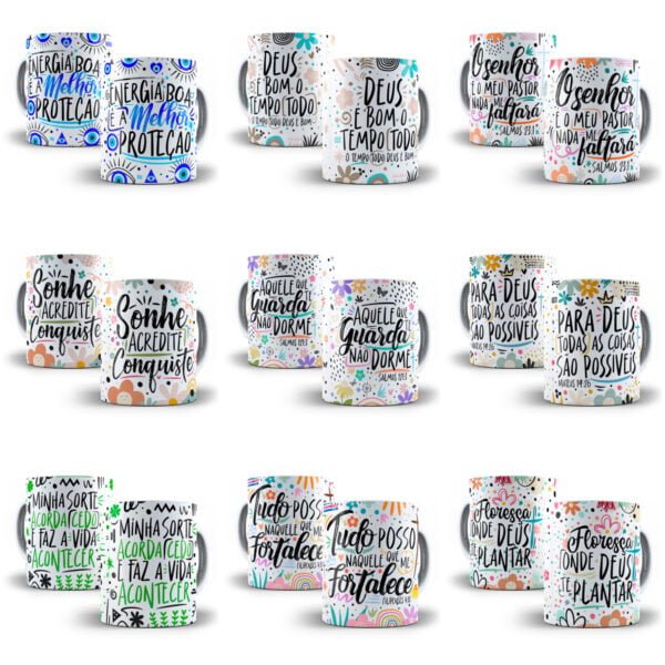 Kit Digital Motivacional Estampas Caneca Fé Força Gratidão