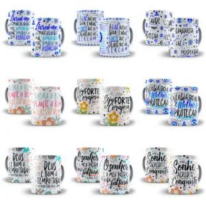 Nove canecas brancas com estampas de frases motivacionais coloridas sobre fundo branco.