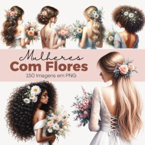 Arte digital de mulheres com flores, parte de uma coleção de 150 imagens PNG.