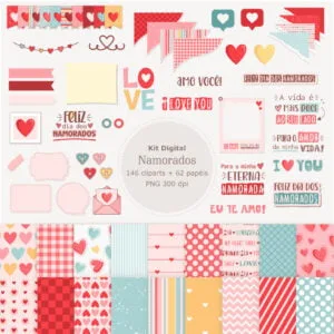 Kit digital com corações, fitas e estampas românticas variadas para scrapbook.