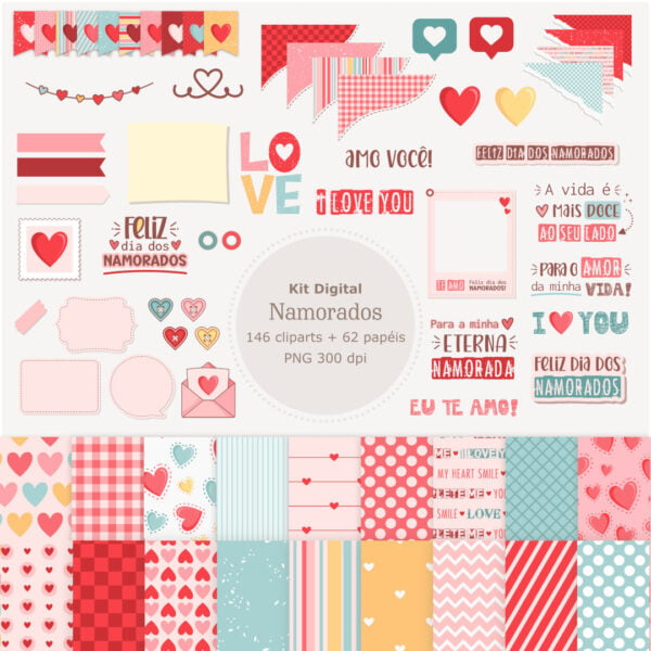 Kit Digital Namorados Ilustrações + Papéis Digitais Em Png