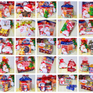 Coleção de embalagens e caixas decoradas com temas natalinos e ilustrações do Papai Noel.