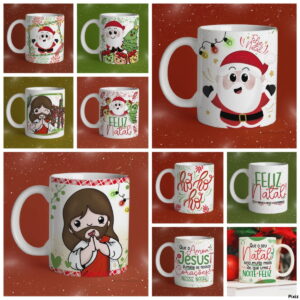 Várias canecas brancas com ilustrações temáticas de Natal e figuras religiosas.