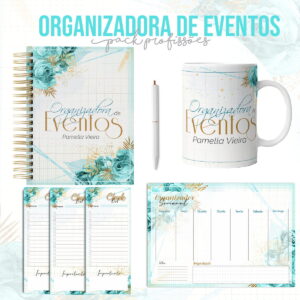 Caderno espiral, caneta, caneca e blocos de anotações com tema floral azul.