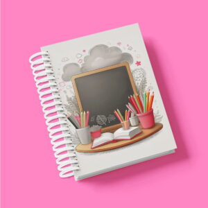 Caderno espiral com capa de arte digital, exibindo elementos de estudo.