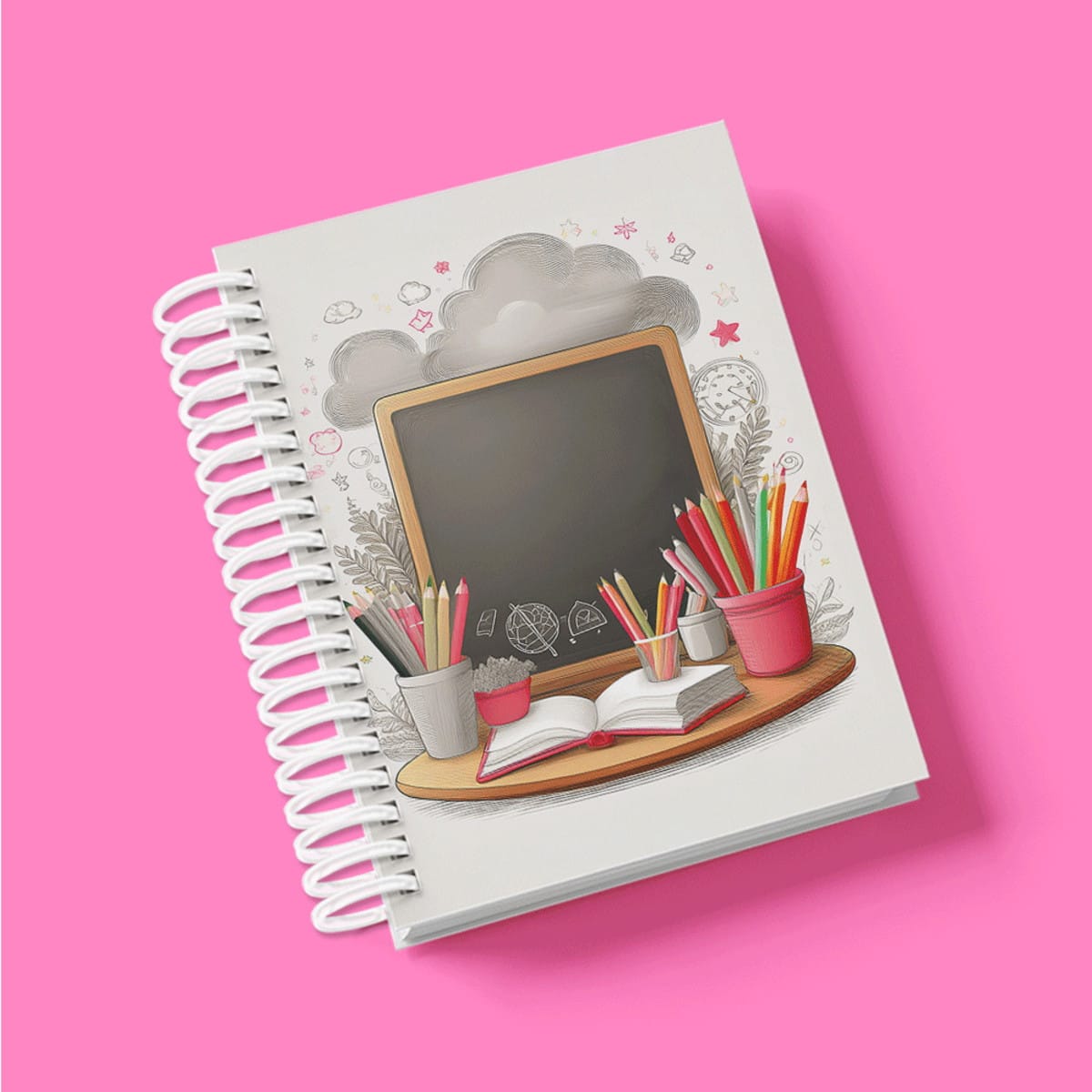 Kit Digital Planejamento de Aula com Arte em Aquarela 1 Caderno espiral com capa de arte digital, exibindo elementos de estudo.