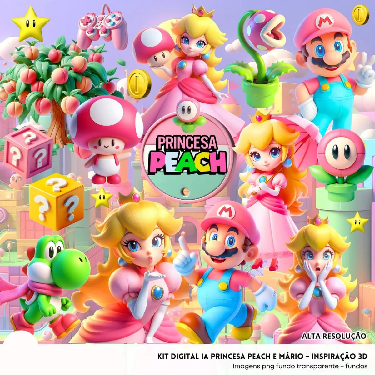 Kit Digital Princesa Peach e Mário Baby Png Ilustrações 3D