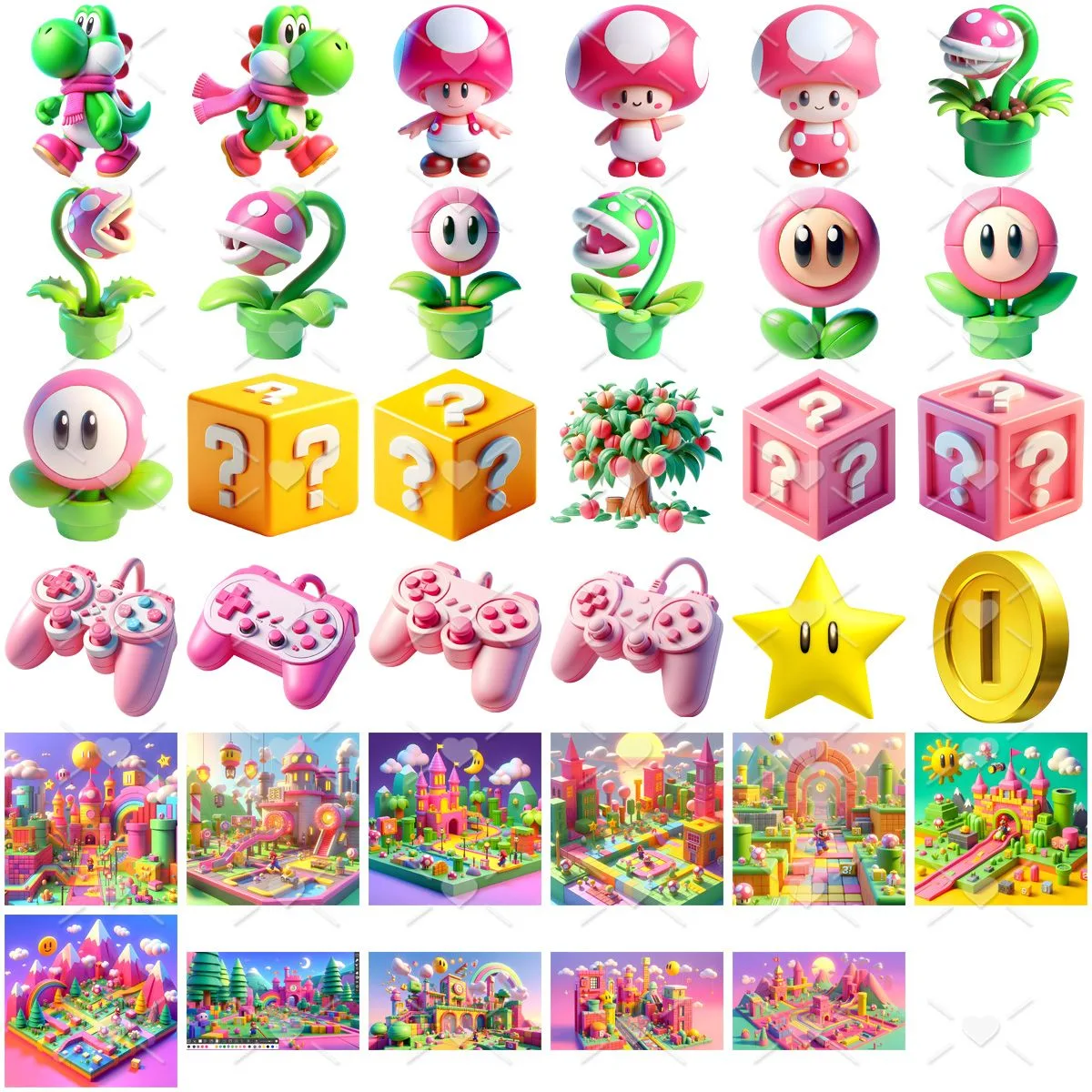 Kit Digital Princesa Peach e Mário Baby Png Ilustrações 3D