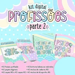 Arte digital com tema de profissões exibindo cadernos coloridos e textos informativos