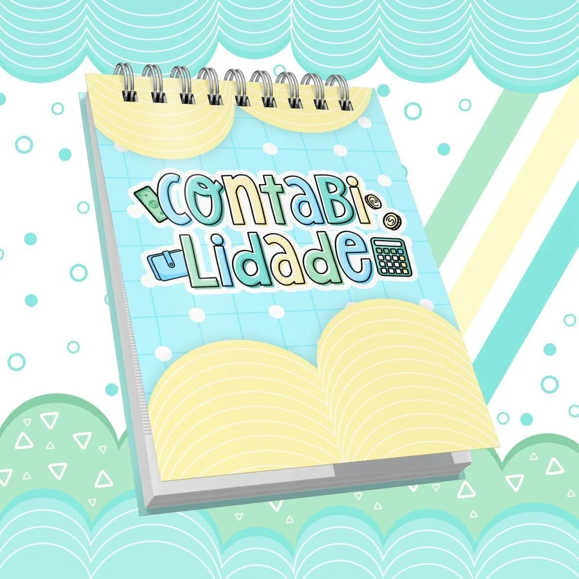 Caderno espiral ilustrado com temática de contabilidade em tons pastéis.