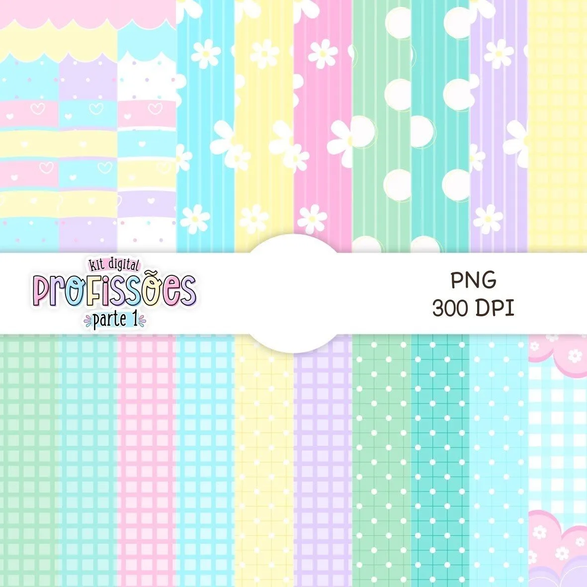 Coleção de estampas digitais coloridas com padrões variados em tons pastéis.