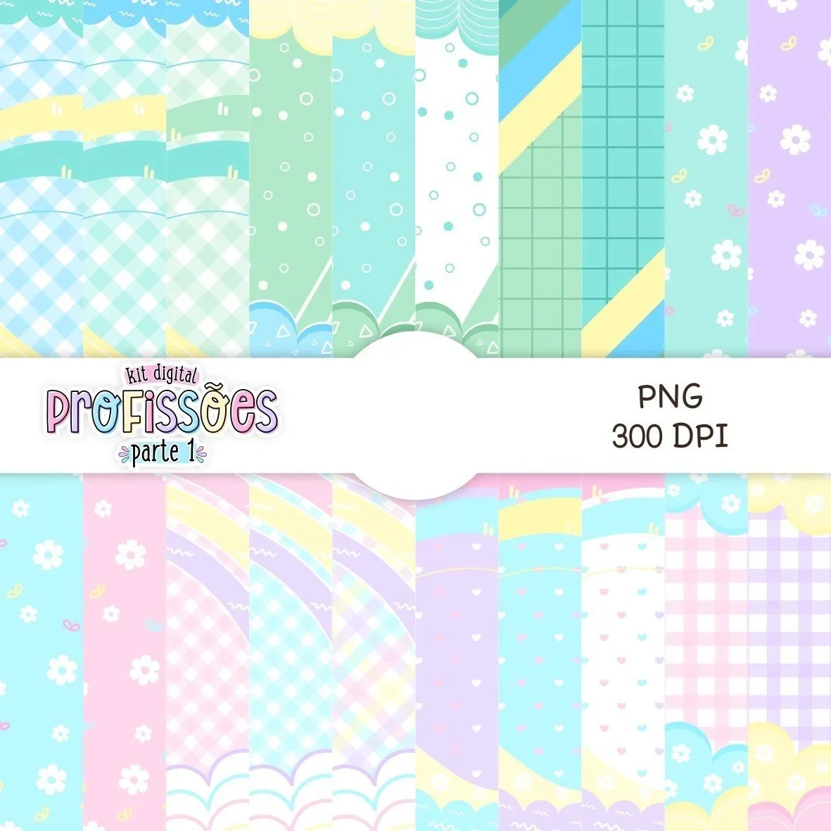 Amostras de papéis digitais coloridos com estampas variadas em tons pastel.