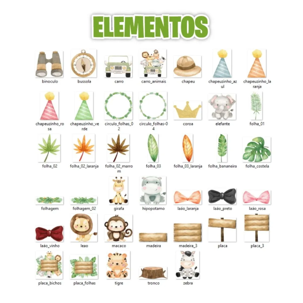 Kit Digital Safari em Aquarela Animais e Plantas em Png