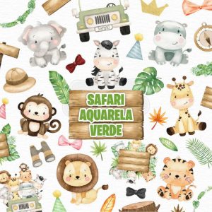 Kit Digital Safari em Aquarela Animais e Plantas em Png