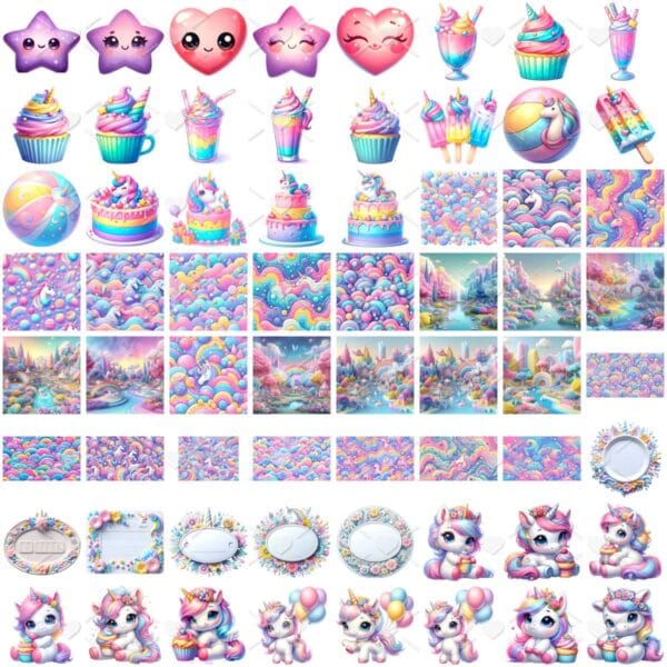 Kit Digital Unicornios Aquarela Baby Png Ilustracoes 3d Fofo 2