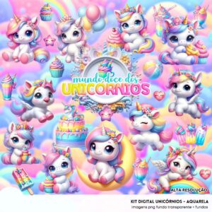 Kit Digital Unicornios Aquarela Baby Png Ilustracoes 3d Fofo 3