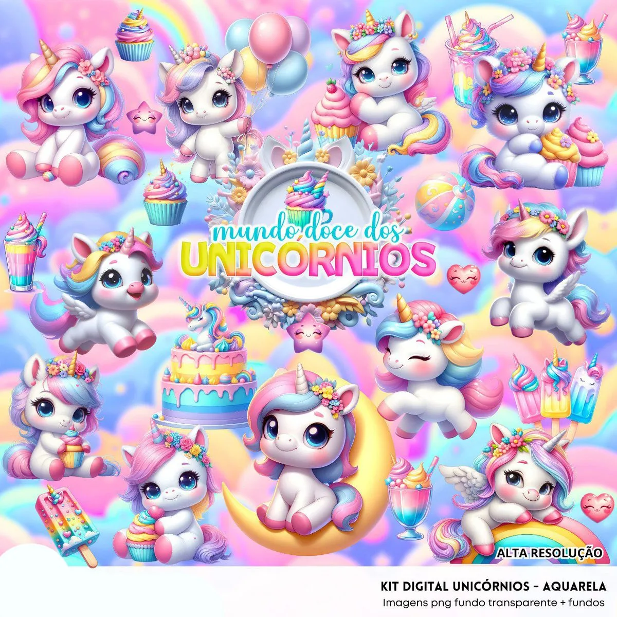 Kit Digital Unicórnios Aquarela Baby Png Ilustrações 3D Fofo 1 Kit Digital Unicornios Aquarela Baby Png Ilustracoes 3d Fofo 3