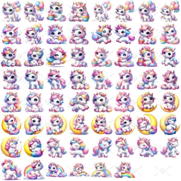Kit Digital Unicornios Aquarela Baby Png Ilustracoes 3d Fofo