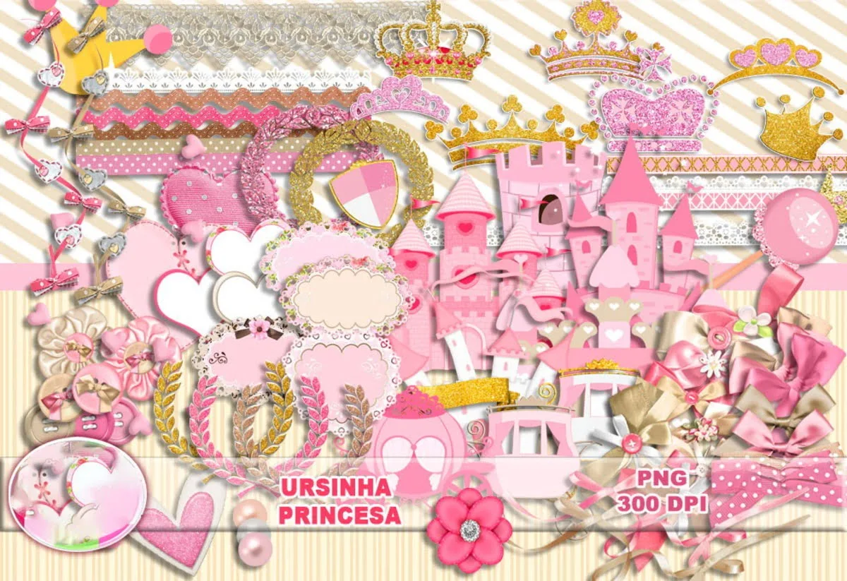 Kit Digital Ursinha Princesa Rosa Scrapbook Silhouette Png 2 Coleção de elementos digitais decorativos rosa e dourados com coroas, castelos e laços.