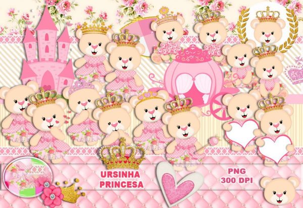 Kit Digital Ursinha Princesa Rosa Scrapbook Silhouette Png