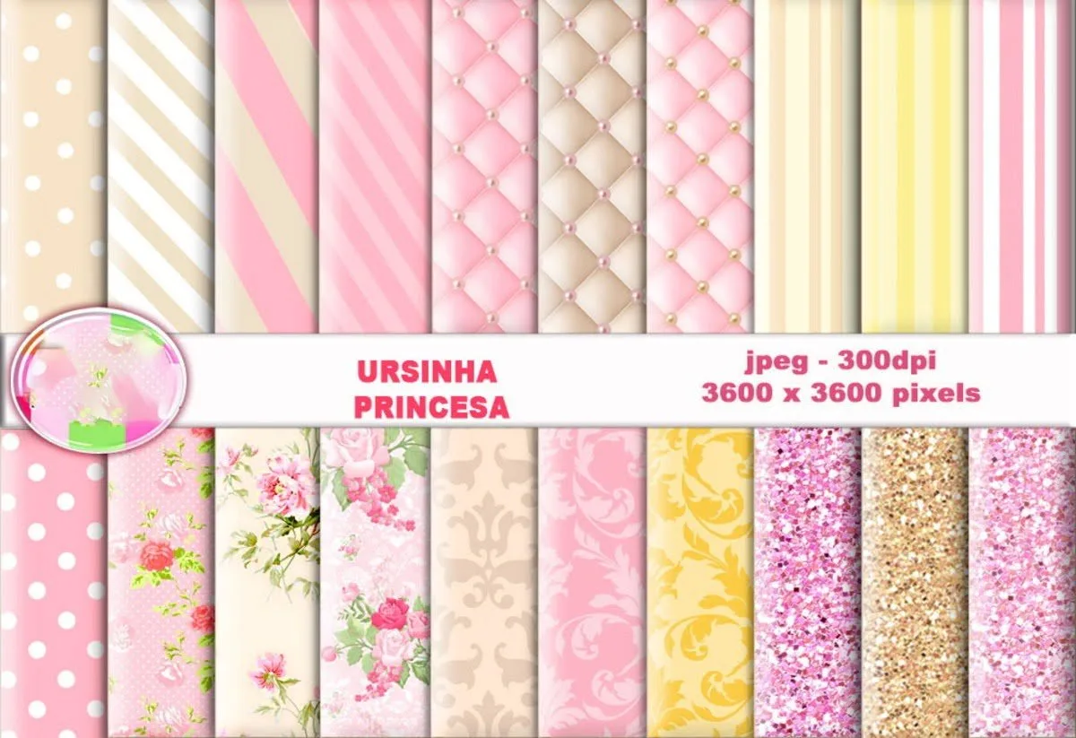 Kit Digital Ursinha Princesa Rosa Scrapbook Silhouette Png 3 Coleção de estampas digitais com padrões em rosa, bege e amarelo.