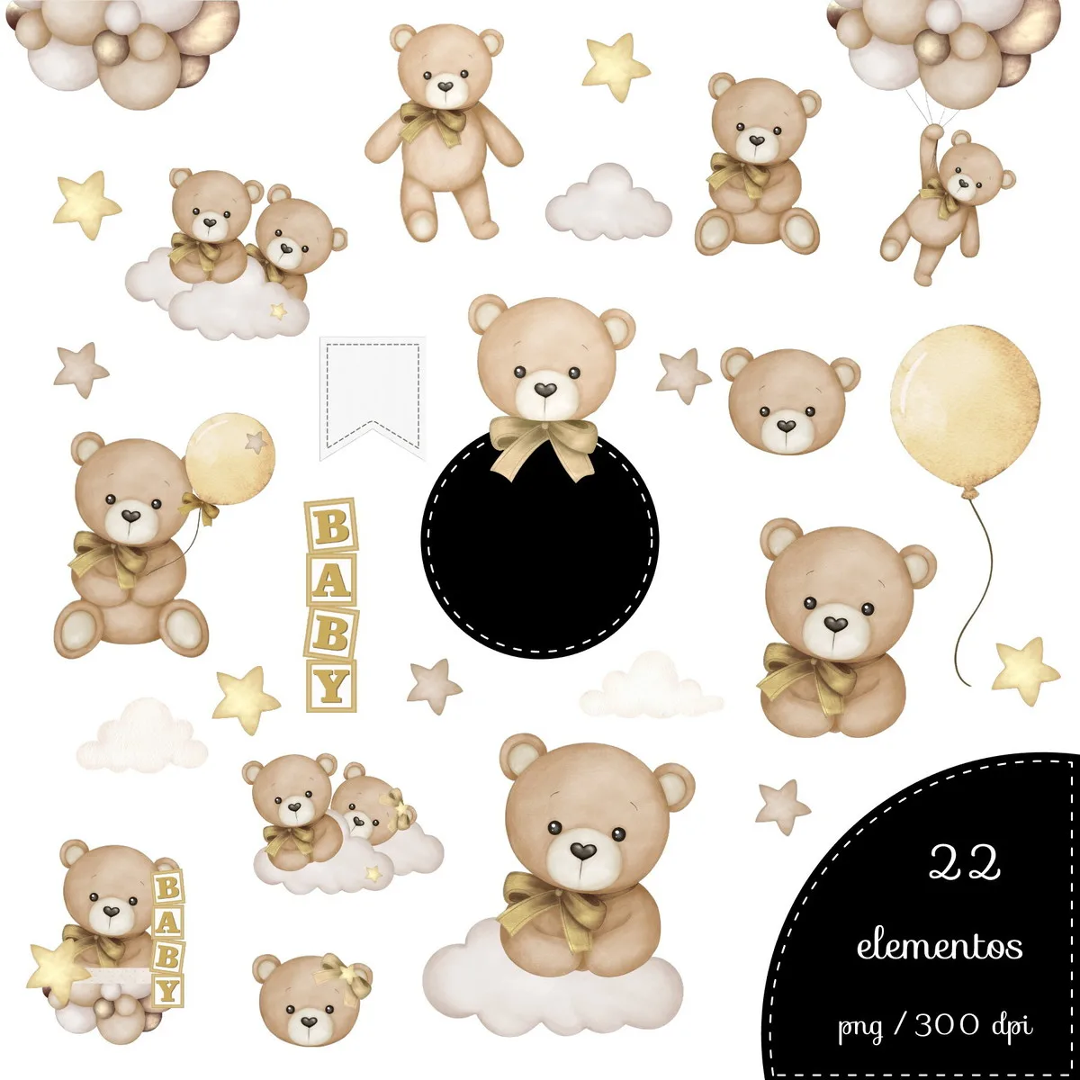 Kit Digital Ursinho Bege com Dourado Png 2 Kit Digital Ursinho Bege com Dourado Png