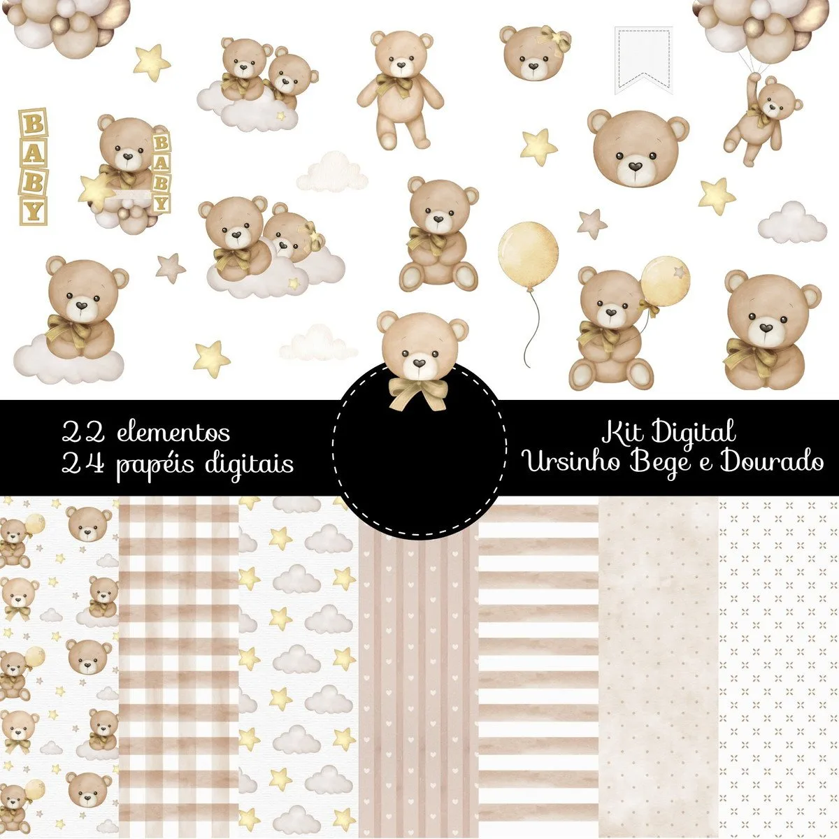 Kit Digital Ursinho Bege com Dourado Png 1 Kit Digital Ursinho Bege com Dourado Png