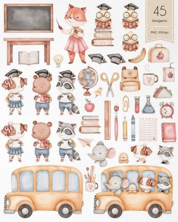Kit Digital Volta As Aulas Aquarelado Animais Elementos Png