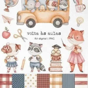 Kit Digital Volta As Aulas Aquarelado Animais Elementos Png