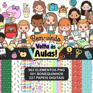 Kit Digital Volta As Aulas Escolar Clipartes Png + Brinde 14 Ilustração infantil digital com crianças de diversas etnias, mochilas e materiais escolares.