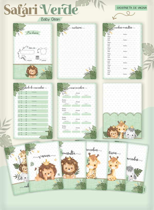 Kit Encadernação Baby Safari Verde Inicial - Arquivo Digital