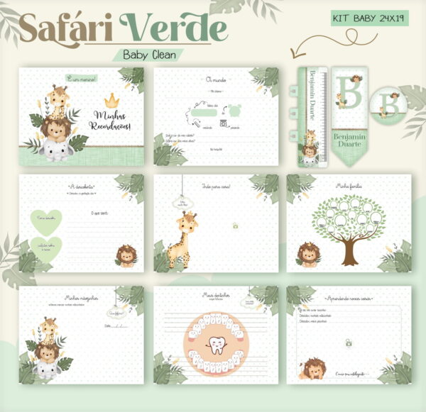 Kit Encadernação Baby Safari Verde Inicial - Arquivo Digital