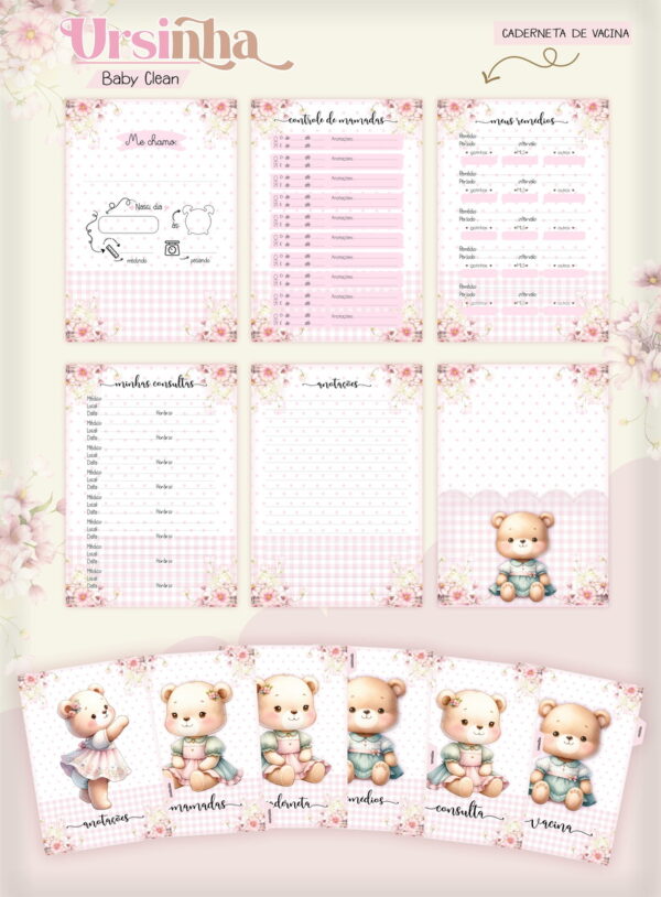 Kit Encadernação Baby Ursinha Rosa Inicial - Arquivo Digital