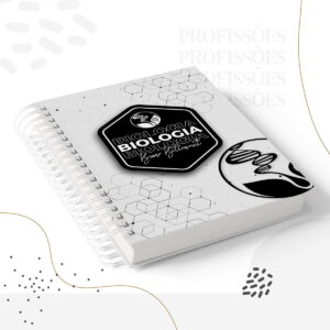Imagem digital de caderno espiral com capa branca, padrão geométrico e adesivos.