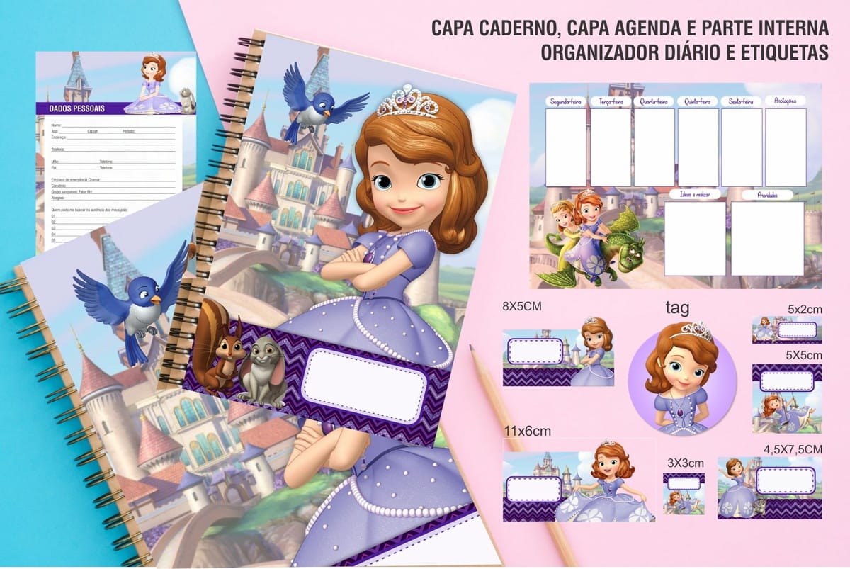 Kit Encadernação Princesinha Sofia para Cadernos e Agendas 1 Kit Encadernação Princesinha Sofia para Cadernos e Agendas