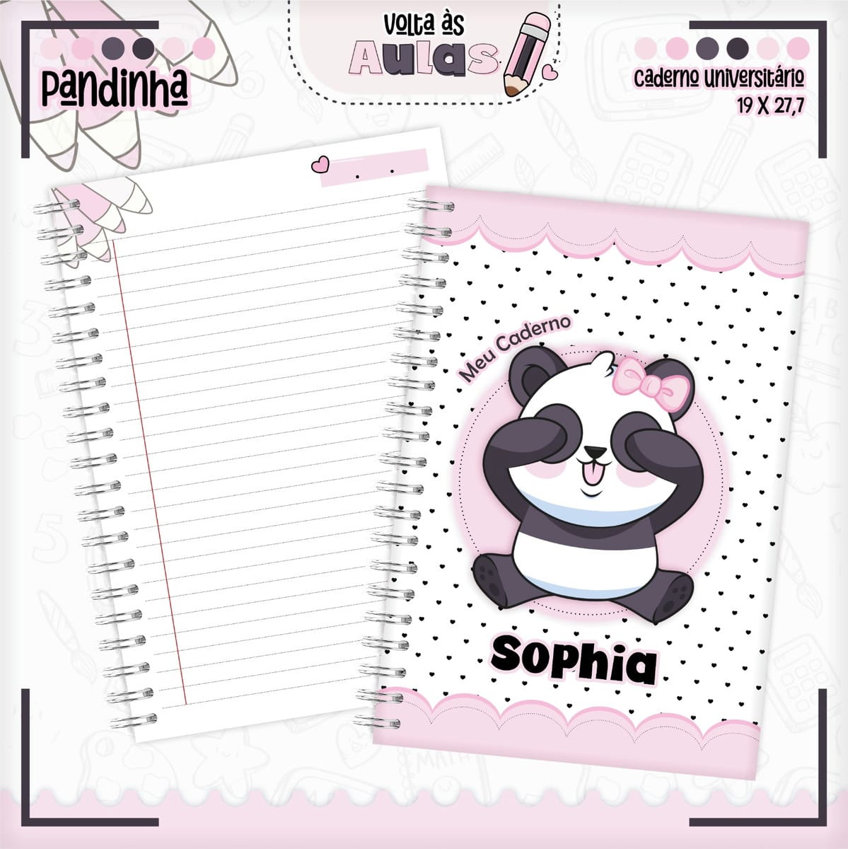 Kit Encadernação Tema Pandinha com Cadernos e Sublimação 1 Kit Encadernação Tema Pandinha com Cadernos e Sublimação